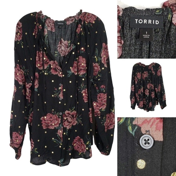 Torrid Plus Size 1X Floral Gold Dot Black Blouse Top Romantic Button Front - Picture 1 of 8